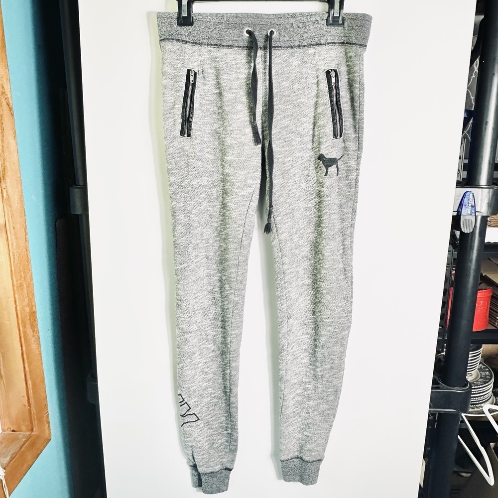 PINK Victoria's Secret Jogger Sweatpants Gray Logo Zip Pocket Womens XS